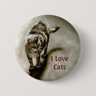 Tabby Cat with shadow, I Love Cats Button