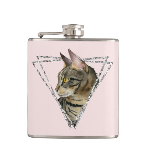 Tabby Cat with Silver Geometric Glitter Hip Flask