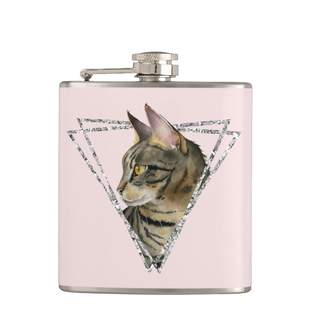 Tabby Cat with Silver Geometric Glitter Hip Flask (Front)