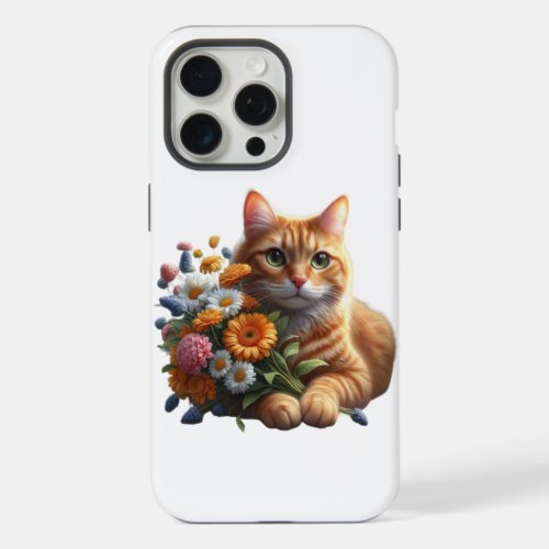 Tabby Cat with Vibrant Colored Flowers  iPhone 15 Pro Max Case