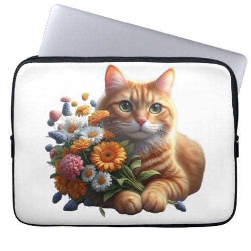 Tabby Cat with Vibrant Colored Flowers  Laptop Sleeve