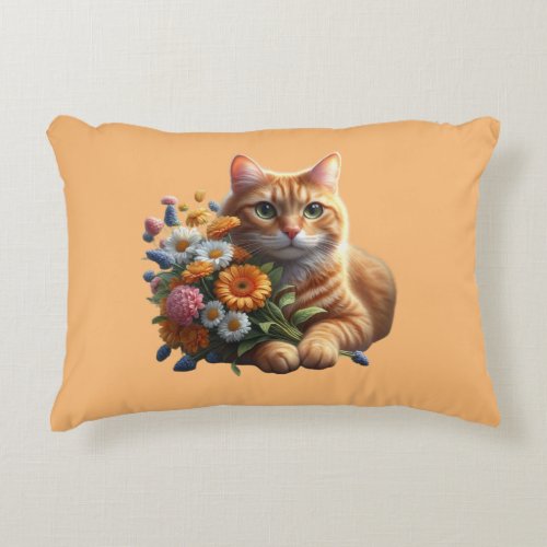 Tabby Cat with Vibrant Colors  Flowers  Accent Pillow