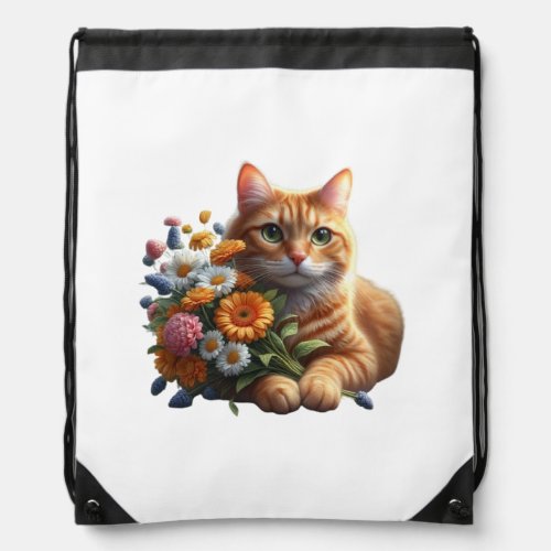 Tabby Cat with Vibrant Colors  Flowers  Drawstring Bag