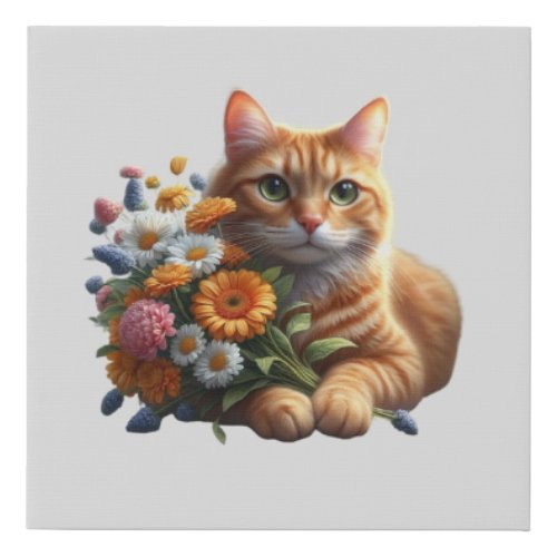 Tabby Cat with Vibrant Colors  Flowers  Faux Canvas Print