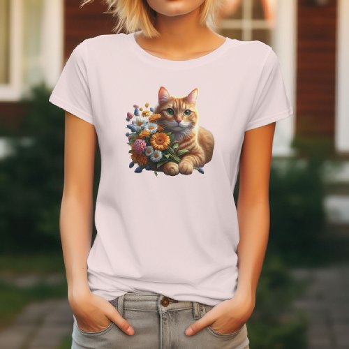 Tabby Cat with Vibrant Colors  Flowers  T_Shirt