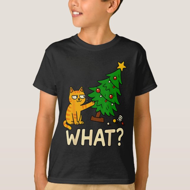 Tabby Cat Xmas Cat Pushing Christmas Tree Over Cat T-Shirt (Front)