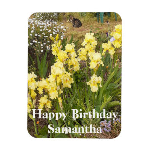 Tabby Cat Yellow Iris Flower Birthday Magnet