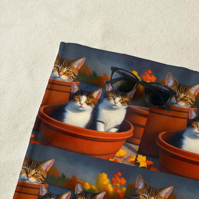 Tabby Cats In Plant Pots, Beach Towel (In Situ)