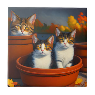 Tabby Cats In Pots Oil Paint, Ceramic Tile