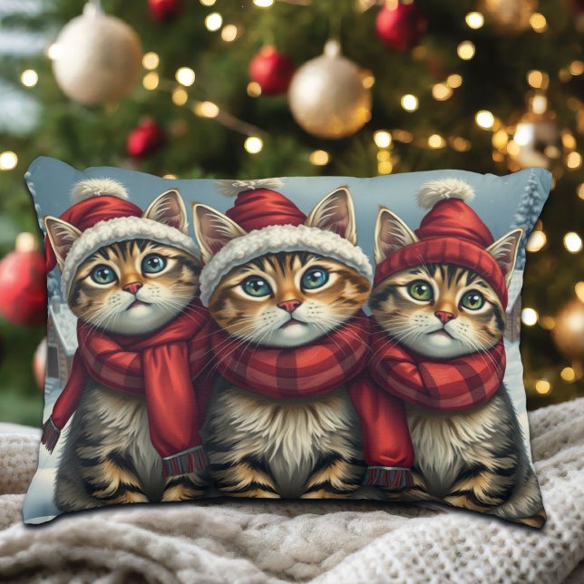 Tabby Cats in Preppy Winter Attire and Hat Winter Accent Pillow (Creator Uploaded)