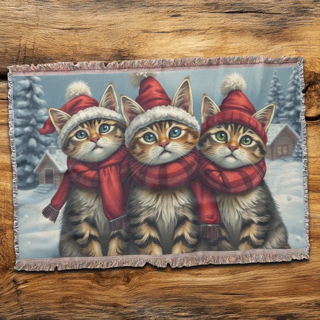 Tabby Cats in Preppy Winter Attire and Hat Winter Throw Blanket (Creator Uploaded)