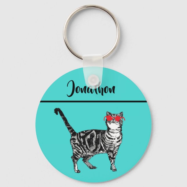 Tabby Cats 'One Cool Cat' Aqua Boys Mens Keychain (Front)