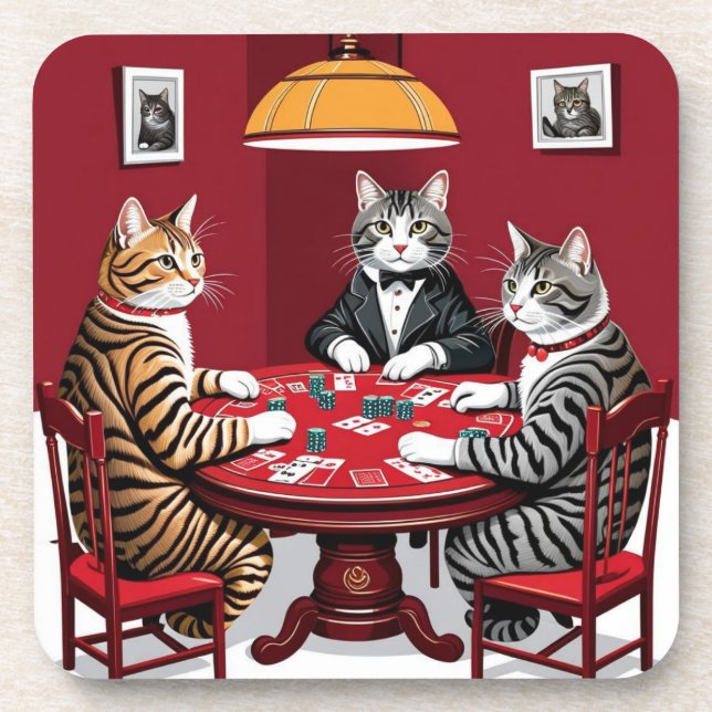Tabby Cats Playing Poker Beverage Coaster (Front)