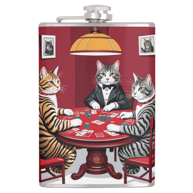 Tabby Cats Playing Poker Flask (Front)