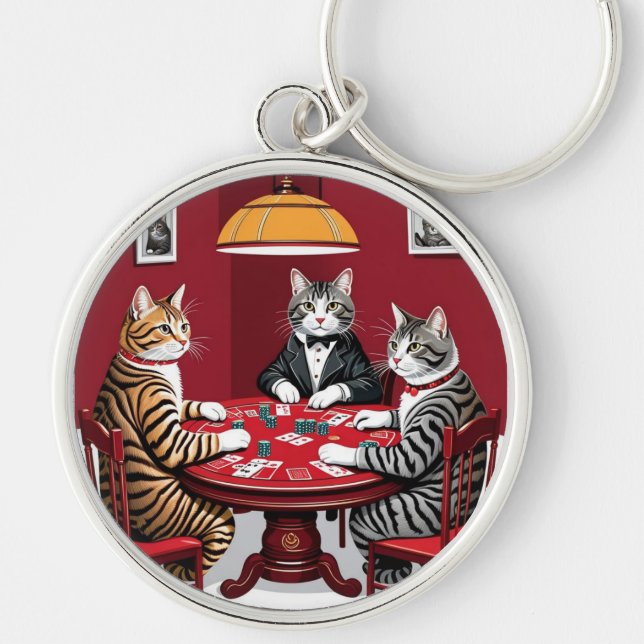 Tabby Cats Playing Poker Keychain (Front)