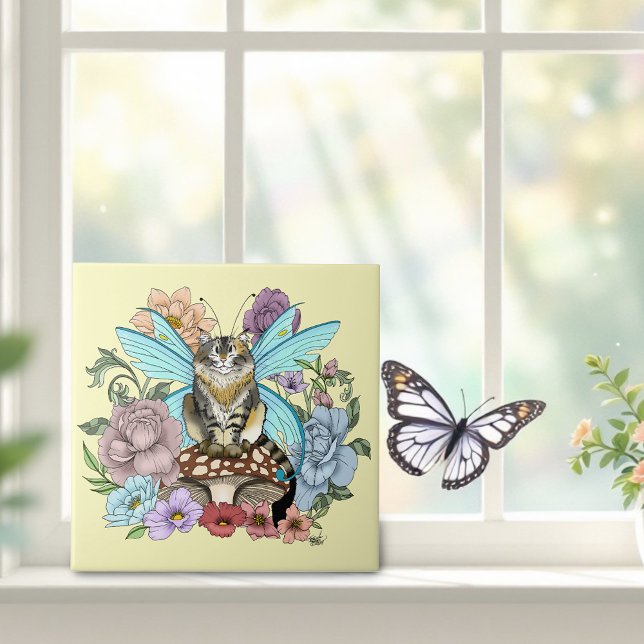 Tabby Fairy Cat Mushroom Floral Ceramic Tile (Creator Uploaded)