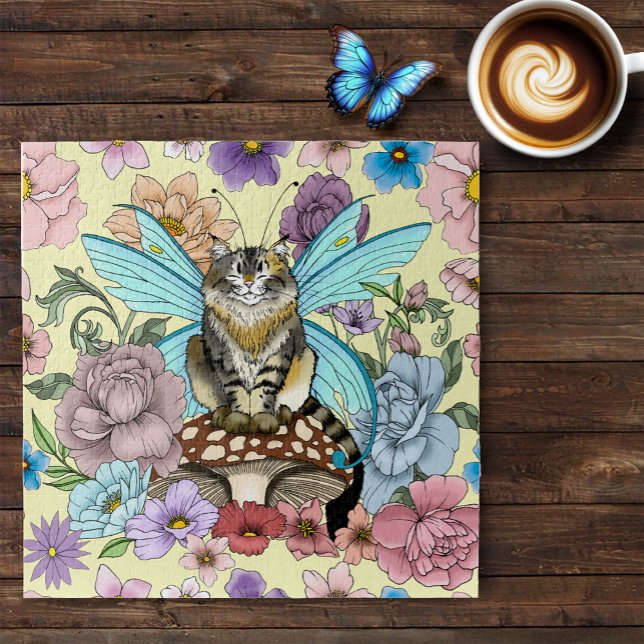 Tabby Fairy Cat Mushroom Floral Jigsaw Puzzle (Creator Uploaded)