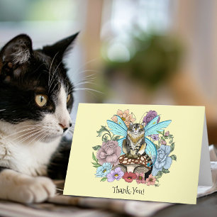 Tabby Fairy Cat Mushroom Floral Letterpress Thank You Card
