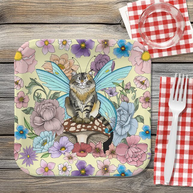 Tabby Fairy Cat Mushroom Floral Paper Plates (Creator Uploaded)