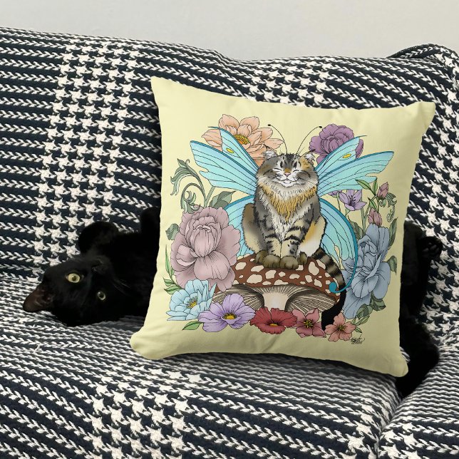 Tabby Fairy cat Mushroom Floral Throw Pillow (Creator Uploaded)