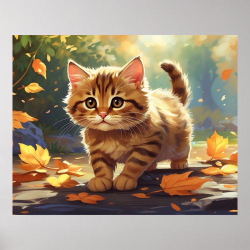  Tabby Fall Leaves Kitten  54  Kitty Cat AP68  Poster