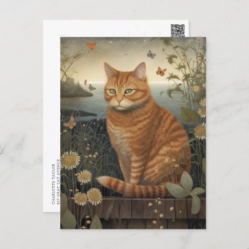 Tabby Ginger Cat Butterflies by The Sea Postcard