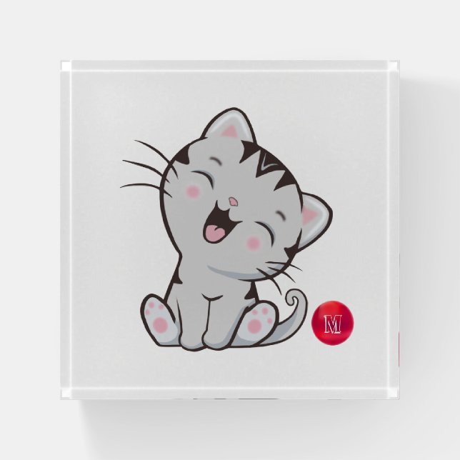 Tabby Gray Cat and Monogram Paperweight (Front)