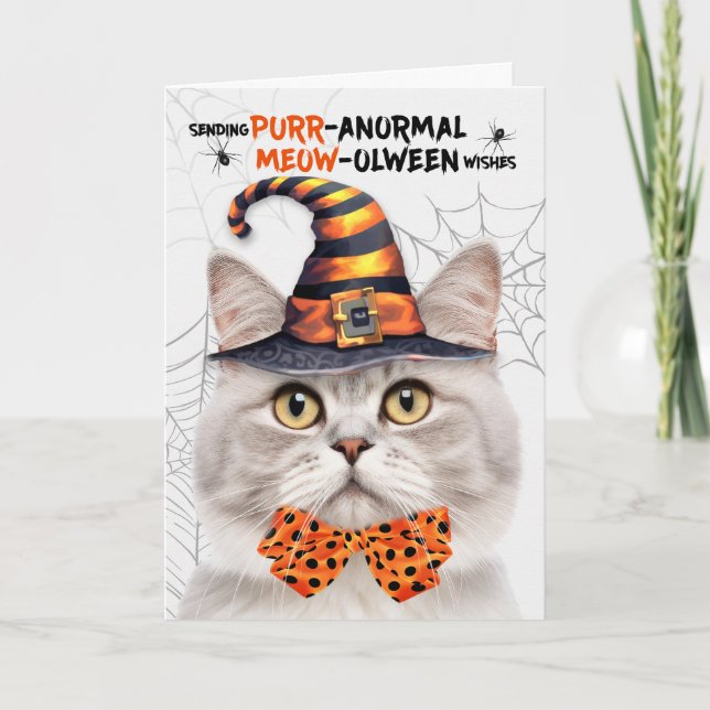 Tabby Halloween Cat PURRanormal MEOWolween Holiday Card (Front)