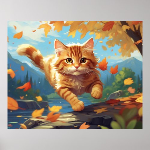  Tabby Jump Fall Leaves Kitten  54  Cat AP68  Poster