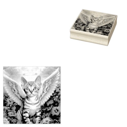 Tabby Kitten Angel Wings Halo Rubber Stamp