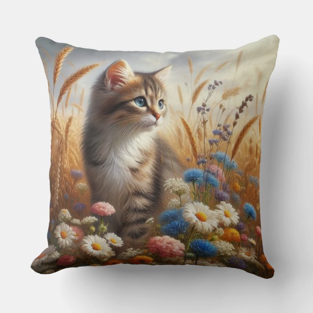 Tabby Kitten Cat Lover Floral 20x20 Cotton  Throw Pillow (Front)