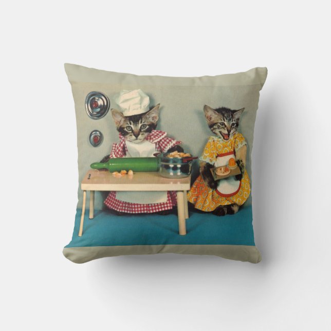 tabby kitten chef and tabby kitten assistant throw pillow (Front)