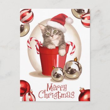 Tabby Kitten Christmas Holiday Postcard by MarylineCazenave at Zazzle