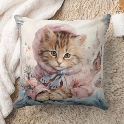 Tabby Kitten Dressed In Pink Throw Pillow