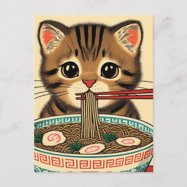 Tabby Kitten Eating Ramen Woodblock Print Postcard (Front)