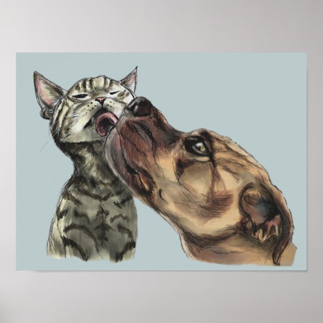 Tabby Kitten Getting A Pit Bull Kiss Poster (Front)