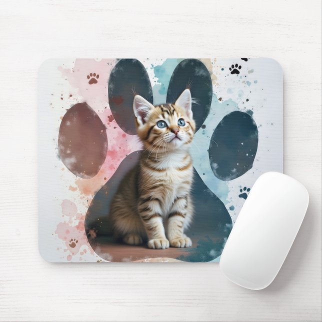 Tabby Kitten In a Pawprint Mouse Pad (With Mouse)