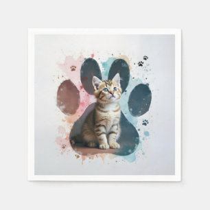 Tabby Kitten In a Watercolor Paw Print Napkins