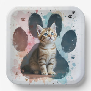 Tabby Kitten In a Watercolor Paw Print Paper Plates
