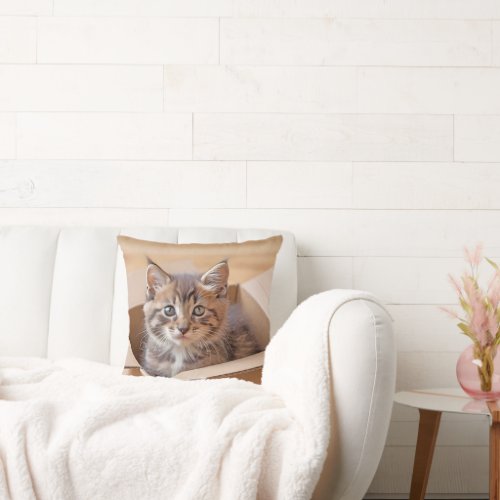 Tabby Kitten In Cardboard Box Throw Pillow