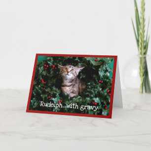 Tabby Kitten in Holly Wreath Holiday Card