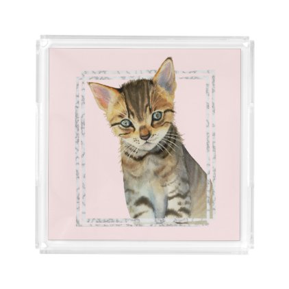 Tabby Kitten Painting with Faux Marble Frame Acrylic Tray