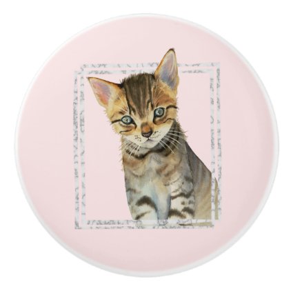 Tabby Kitten Painting with Faux Marble Frame Ceramic Knob