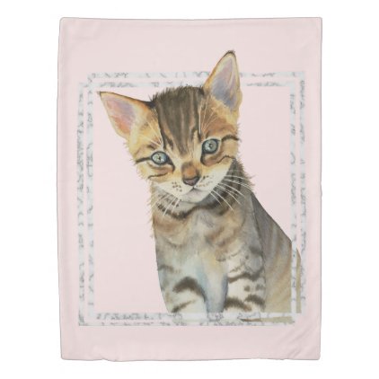 Tabby Kitten Painting with Faux Marble Frame Duvet Cover