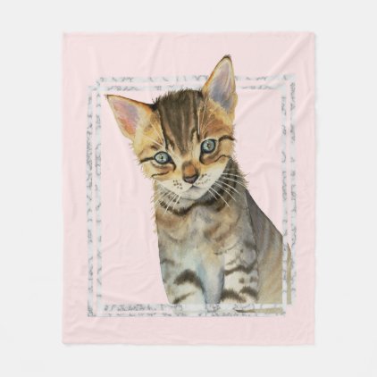 Tabby Kitten Painting with Faux Marble Frame Fleece Blanket