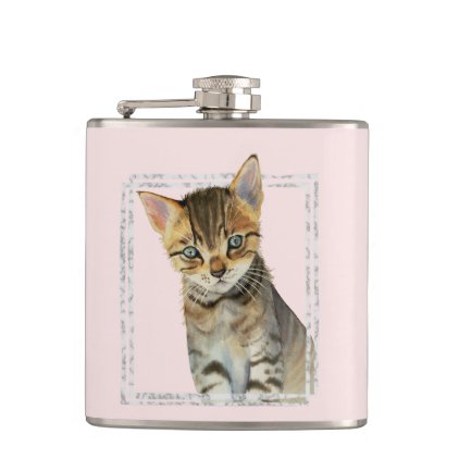 Tabby Kitten Painting with Faux Marble Frame Hip Flask