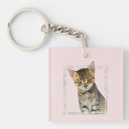 Tabby Kitten Painting with Faux Marble Frame Keychain