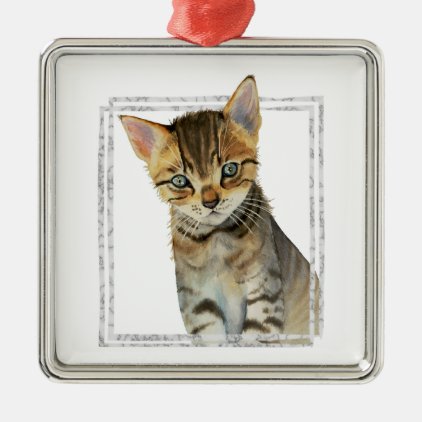 Tabby Kitten Painting with Faux Marble Frame Metal Ornament