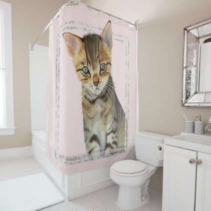 Tabby Kitten Painting with Faux Marble Frame Shower Curtain