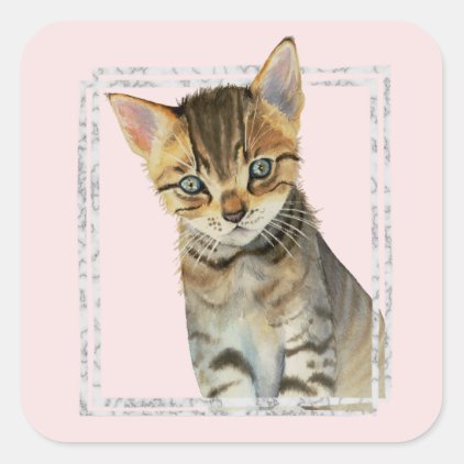 Tabby Kitten Painting with Faux Marble Frame Square Sticker